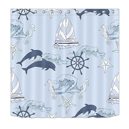 Nautical Beach Seashell Starfish Sail Boat Shower Curtain Bathroom
