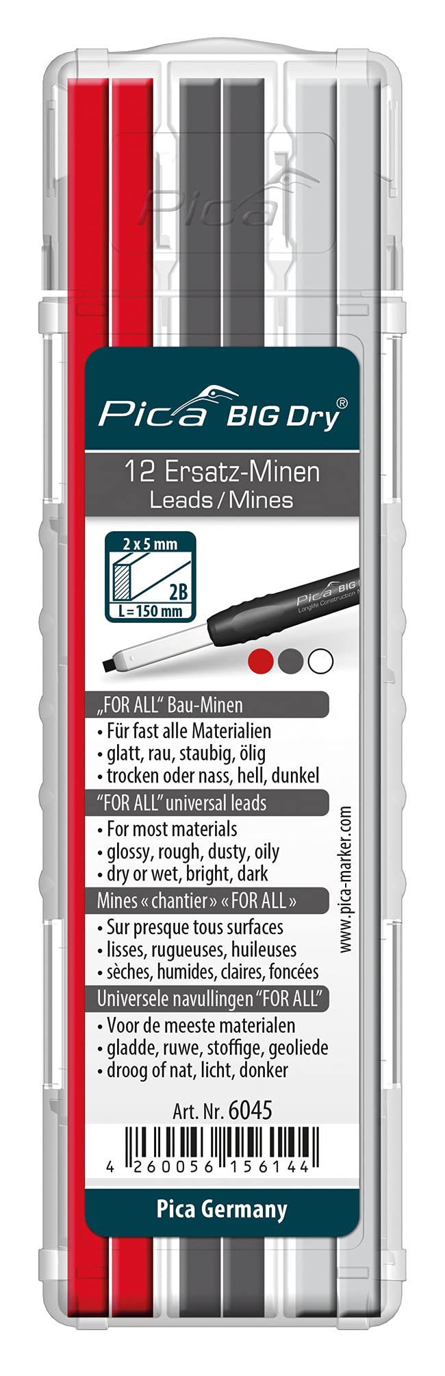 Pica BIG DRY Marker Pen Pack of 12 Pencil Refills Graphite White Red 6045