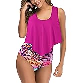 Women High Waisted Bikini Swimsuit Plus Size Flounce Top Vintage Tummy Control Bottom Two Piece Tankini Bathing Suits