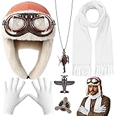 Cozypower 7 Pcs Aviator Costume Accessories Set Aviator Hat Goggles Scarf White Gloves Airplane Necklace Brooch for Adults Halloween Aviation Party