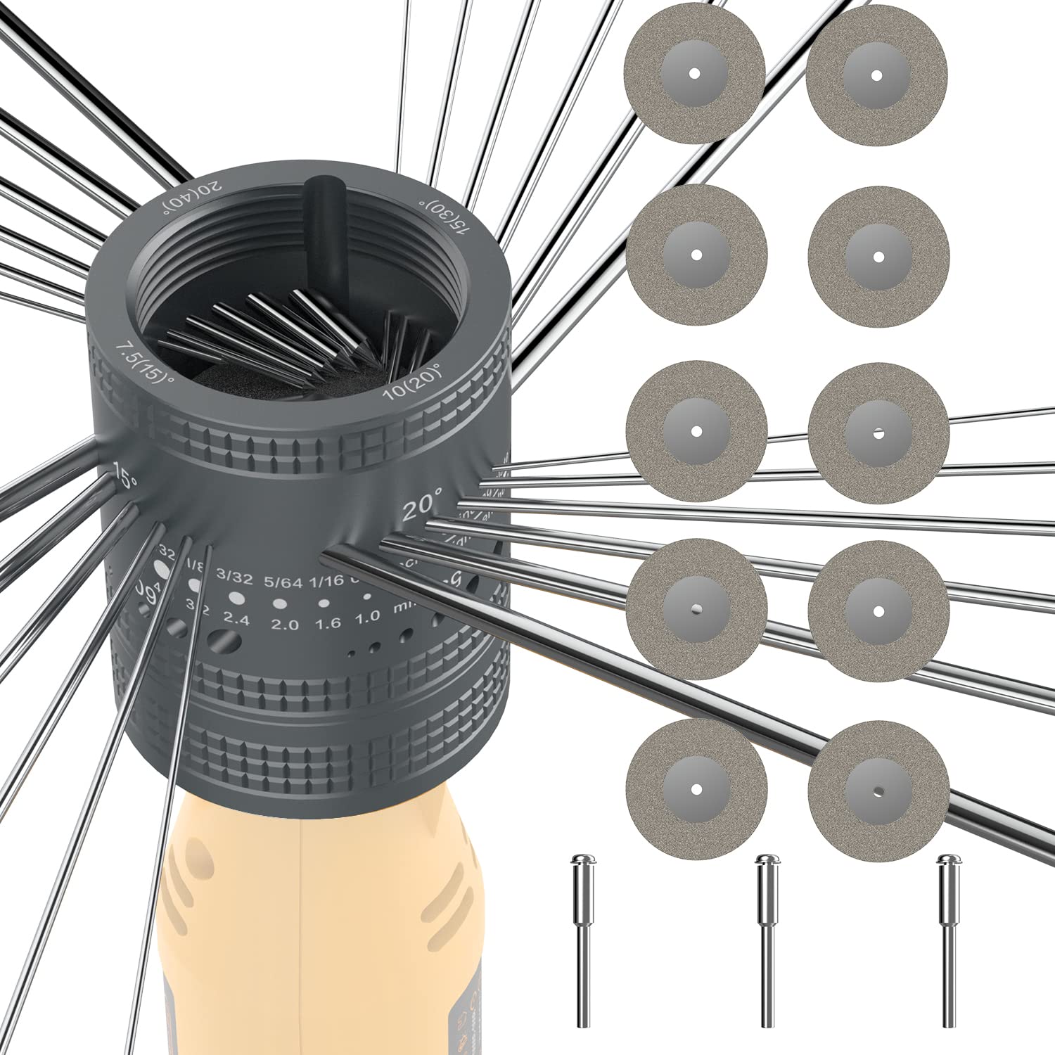 Photo 1 of SONNLER Tungsten Electrode Sharpener Grinder Head,TIG Welding Tool with Cut-Off Slot with 6 size 8Angles, 48 Holes, 10 Double Diamond Wheels, 3 CNC Mandrel Suitable For Most Rotary tool