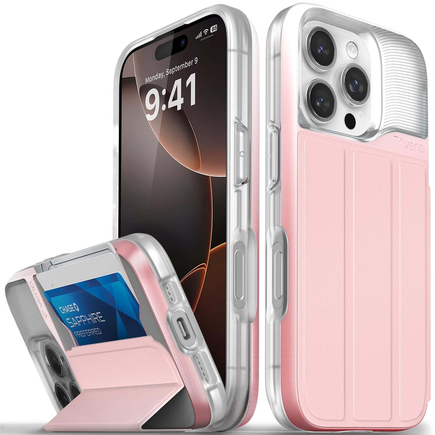 VENA vCommute for iPhone 16 Pro Wallet Case, [Military Grade Drop Protection] Flip Leather Cover Slot Card Holder with Kickstand - Pastel Pink