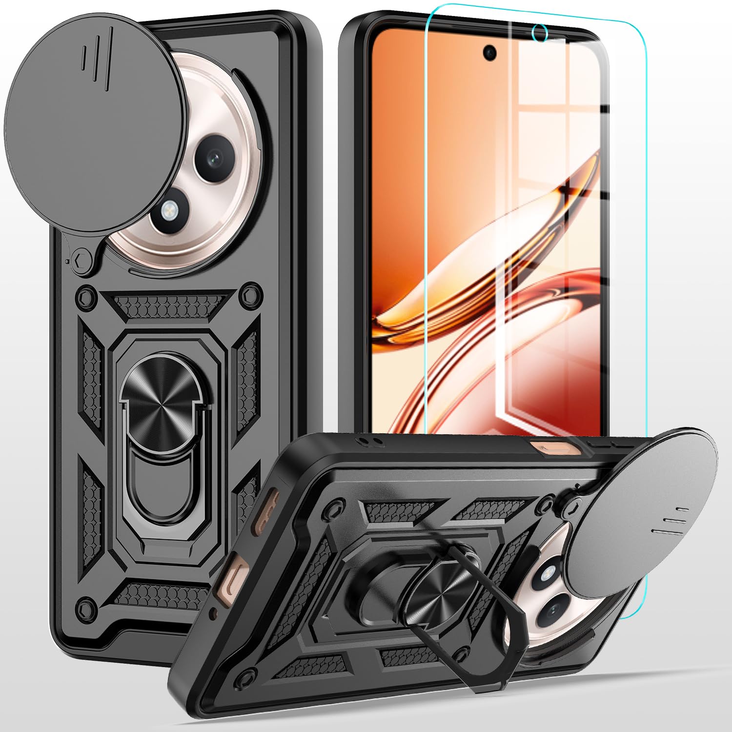 OPPO Reno 12 F Case With Tempered Glass Screen Protector, Heavy Duty Military-Grade Shockproof Cover, Rugged Phone Case With Kickstand for Reno 12 F/12 FS 5G (Black)