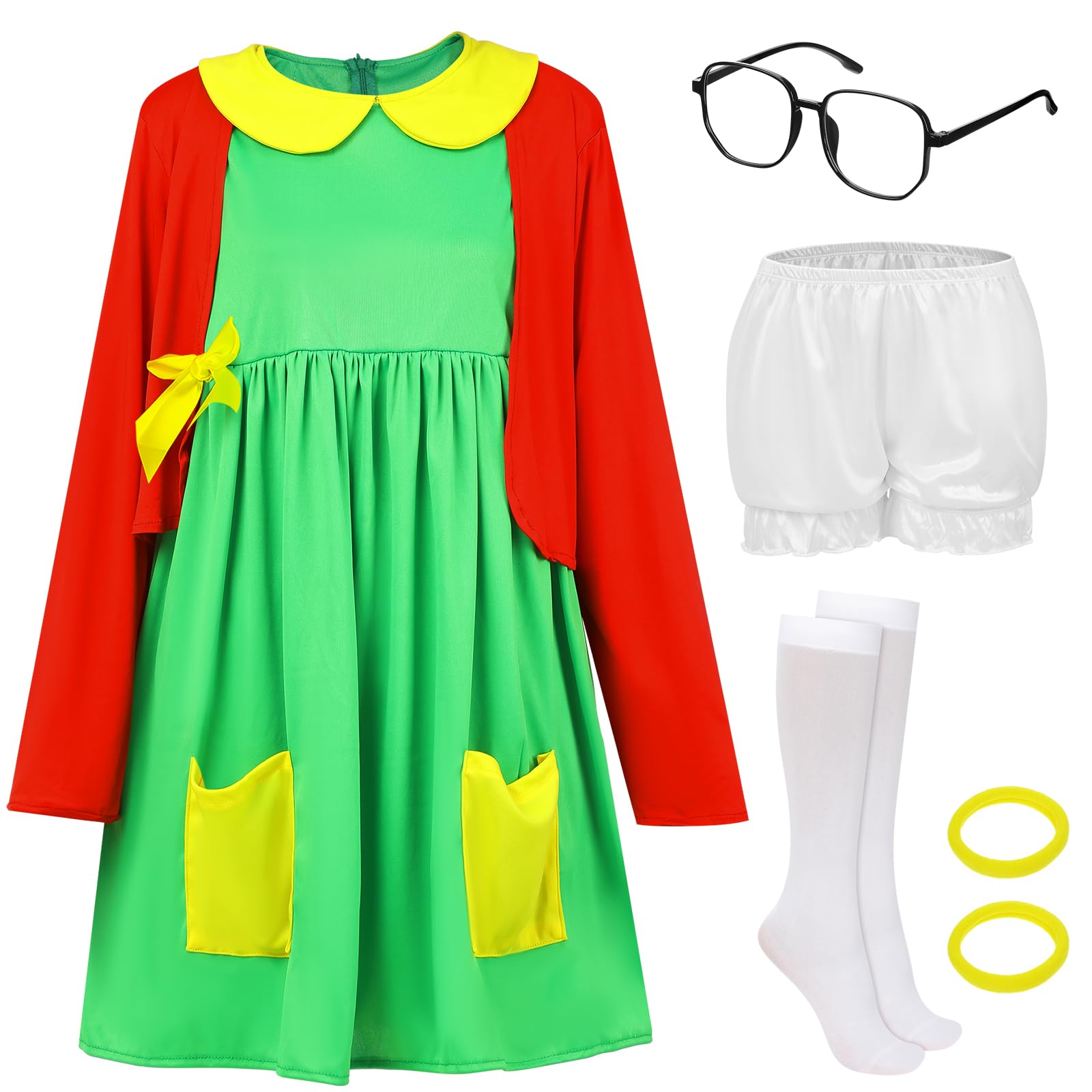 Photo 1 of Panitay 7 Pcs Women's Halloween Costume Outfits Green Dress Red Knit Cardigan Shorts Glasses Socks Hair Tie for Cosplay (XL)