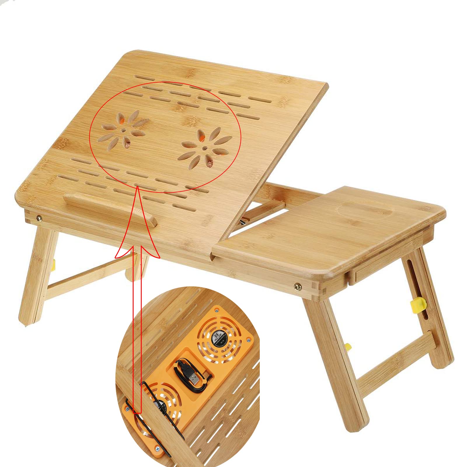 electromax Bamboo Foldable Laptop Desk Bed Table Tray,Built-in 2 USB Fans. Notebook Tablet Sofa Table Stand,Height & Angle Adjustable,with Drawers,Can Be Used as a Breakfast Tray or Drawing Table