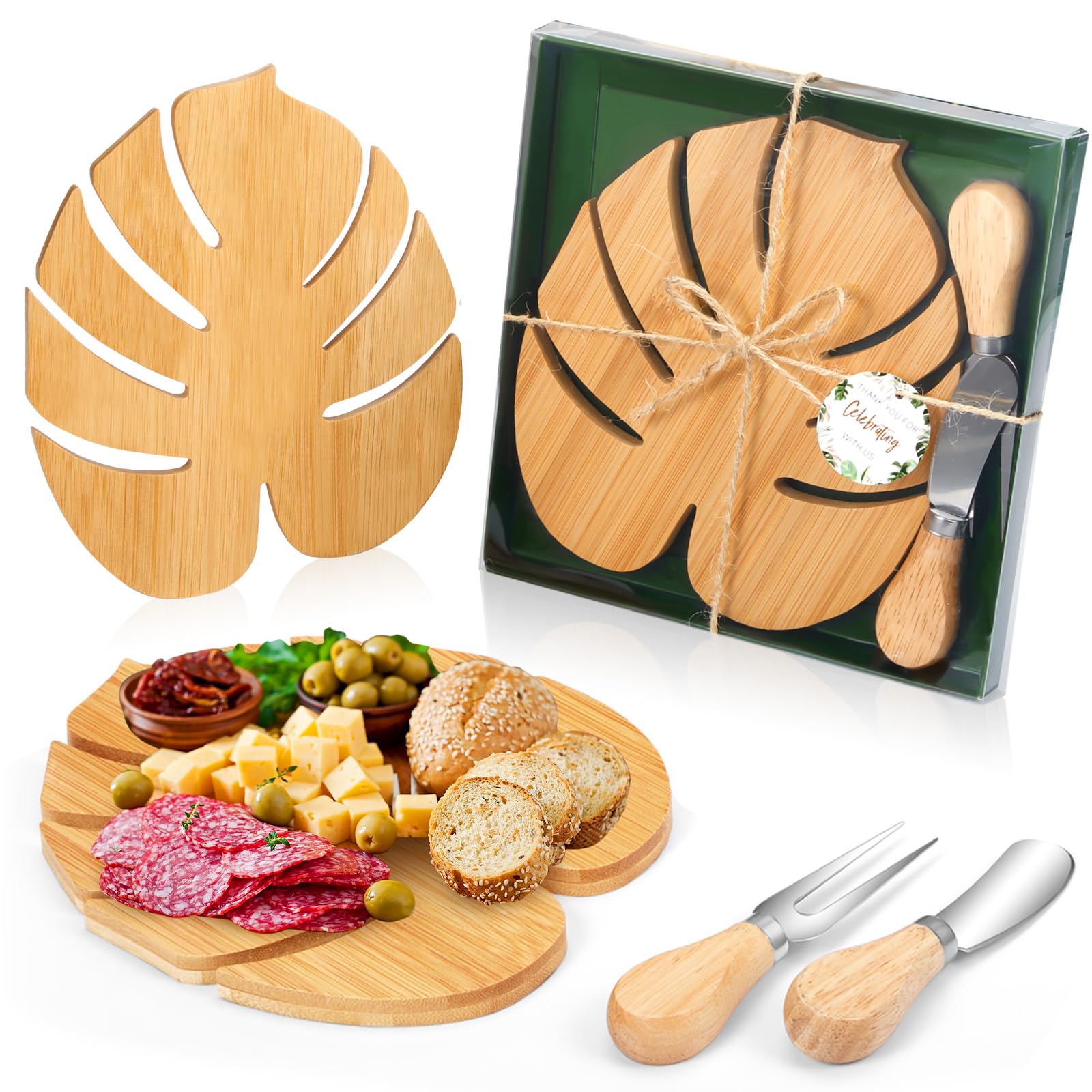 Photo 1 of Ziliny 1 Set Hawaiian Luau Charcuterie Board for Party Decoration,Tropical Palm Leaf Shaped Small Cutting Cheese Board with Knives and Forks for Baby Shower Summer Beach Birthday Party Favors