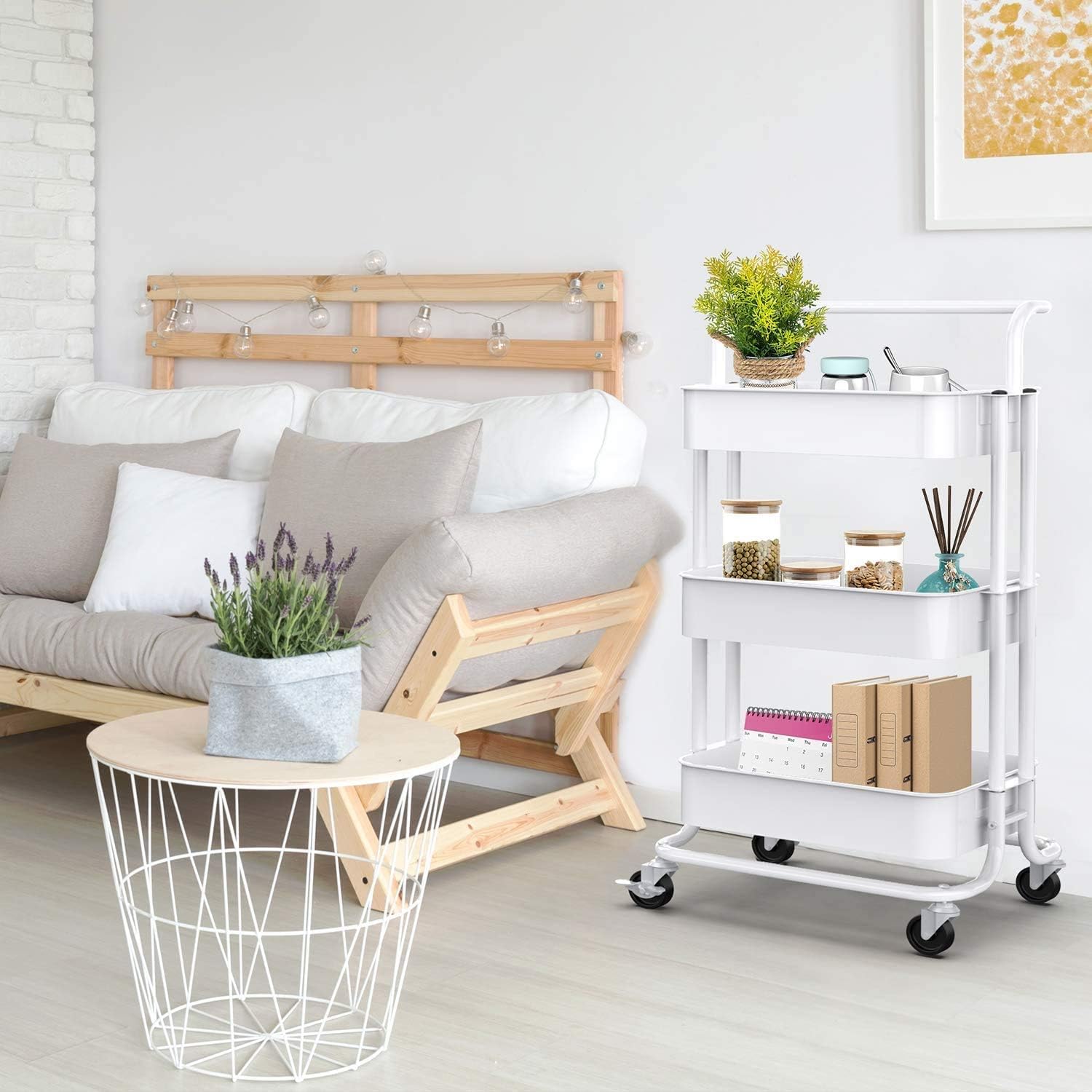 Pipishell 3-Tier Rolling Utility Cart, Multifunctional Metal Organization Storage Cart with 2 Lockable Wheels for Office, Home, Kitchen, Bedroom, Bathroom, Laundry Room (White): Home & Kitchen