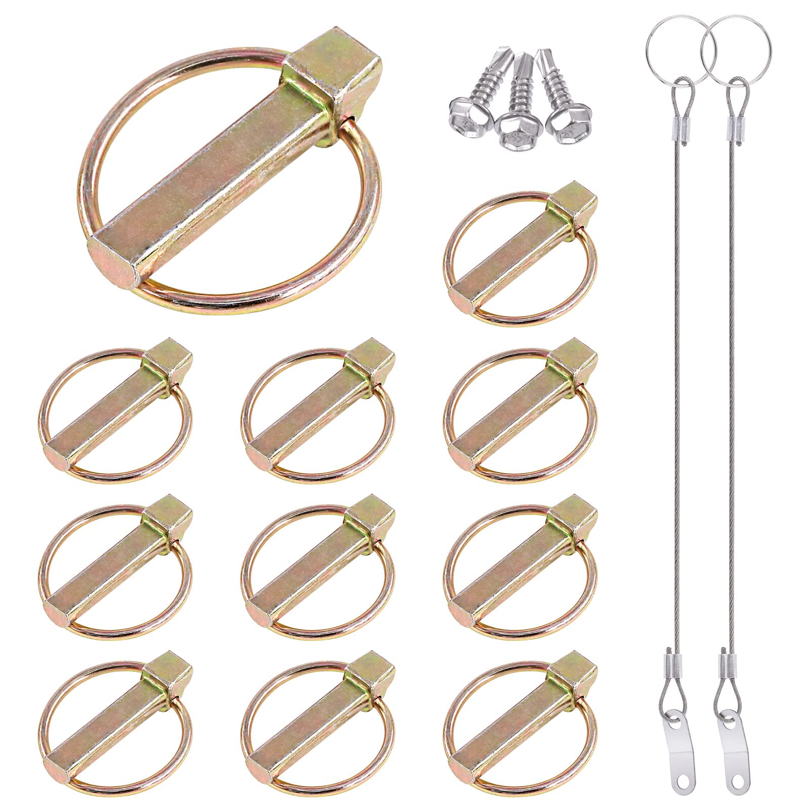 Glarks 15Pcs 7/16" x 1-3/4" Lynch Pin with Lanyard Cable Set 10Pcs Lynch Pin Lock Pin Clips and 2Pcs 304 Stainless Steel Lanyard Cable with Quick Release Ring for Farm Tractors Trailers Trucks Mowers