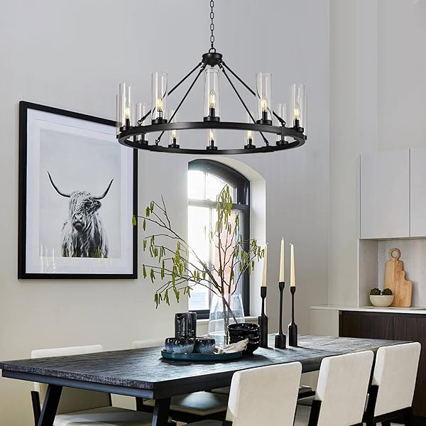 ZHLLMQ 12 LIGHT BLACK CHANDELIER WAGON WHEEL CHANDELIER WITH CLEAR GLASS SHADE ROUND INDUSTRIAL PENDANT LIGHTING FIXTURE FOR STAIR LIVING ROOM FOYER KITCHEN