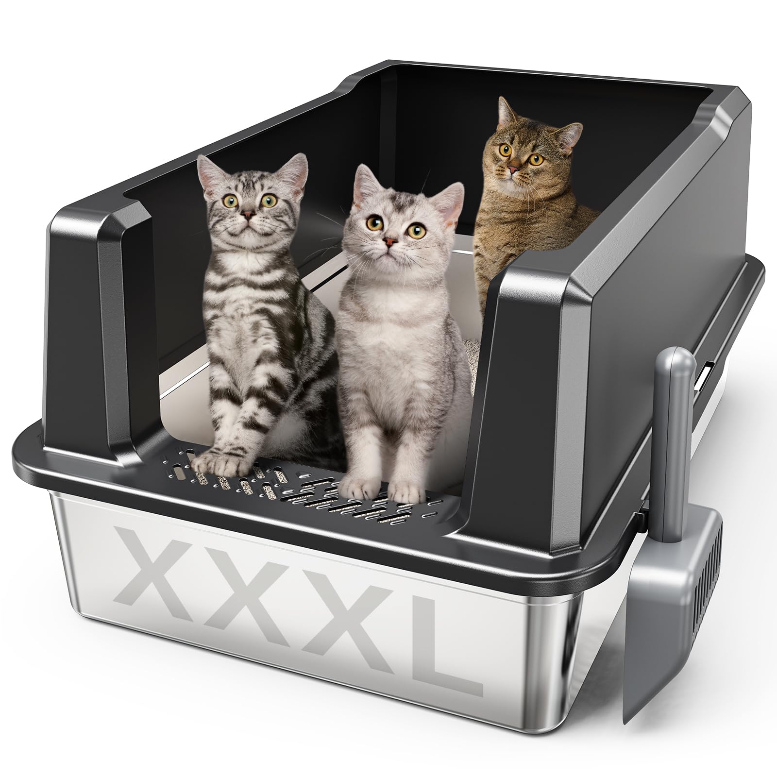 WoofiGo XXL Stainless Steel Cat Litter Box with High Sided, 27.6" L x 20" W x 14" H Extra Large Litter Box for Big Cats and Multiple Cats, Enclosure Cat Litter Pan with Anti-Urine Leakage, Easy Clean Image