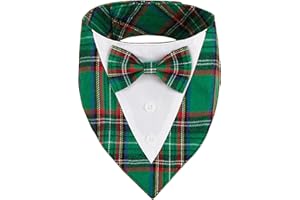 HDGDT Adjustable Green Plaid Christmas Dog Tuxedo Bandana with Bow Tie - Holiday Pet Outfit Costume for Dogs XS to XL