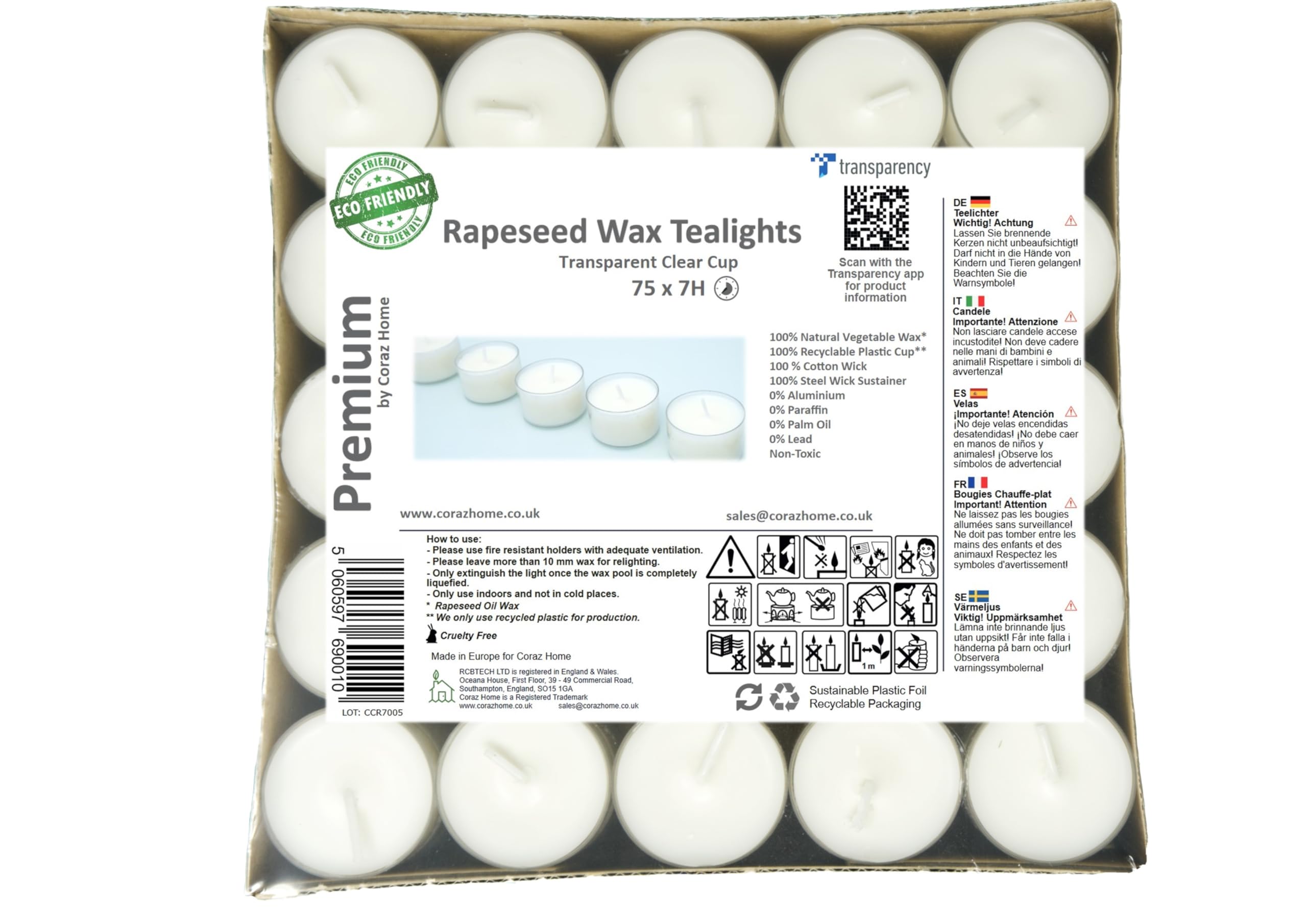 Pack of 75 Premium Natural Tealights – 7-Hour Burn Time Each Tea Light – 100% Rapeseed White Wax – in Clear Cup Candles Vegan Wax Non-Toxic – Paraffin & Lead Free