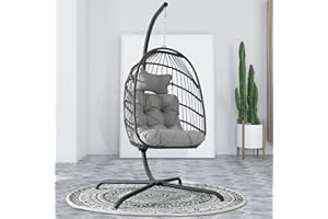 BULEXYARD Swing Egg Chair with Stand Indoor Outdoor Wicker Rattan Patio Basket Hanging Chair with UV Resistant Cushions 350lbs Capacity for Bedroom Balcony Patio (Grey)