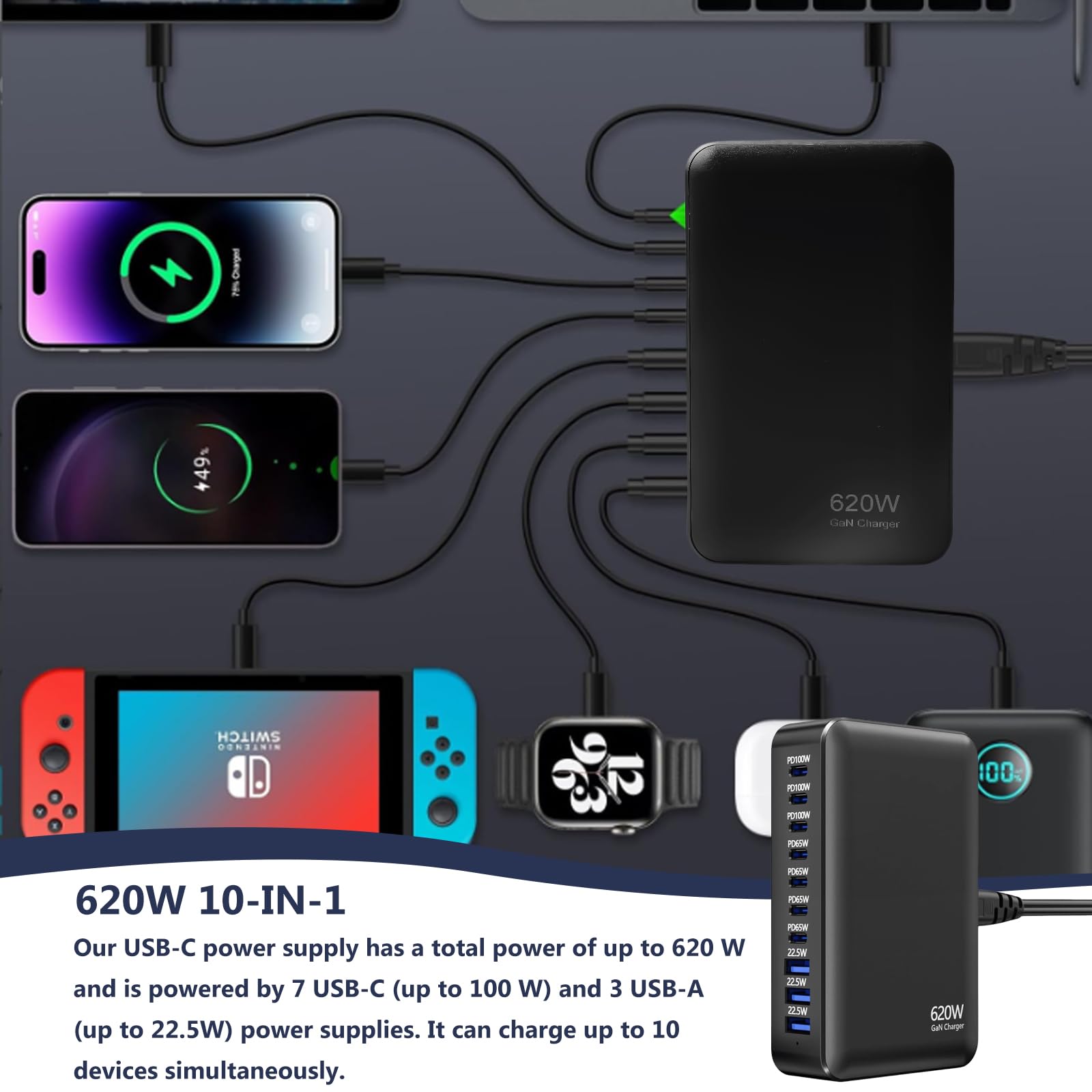 620W USB C Ladegerät 10-Port, Schnellladegerät Adapter Mehrfach mit GaN III, mit 7 USB-C und 3 USB-A PD Charger 100W Netzteil für MacBook, iPhone, Laptop, iPad, Samsung 3