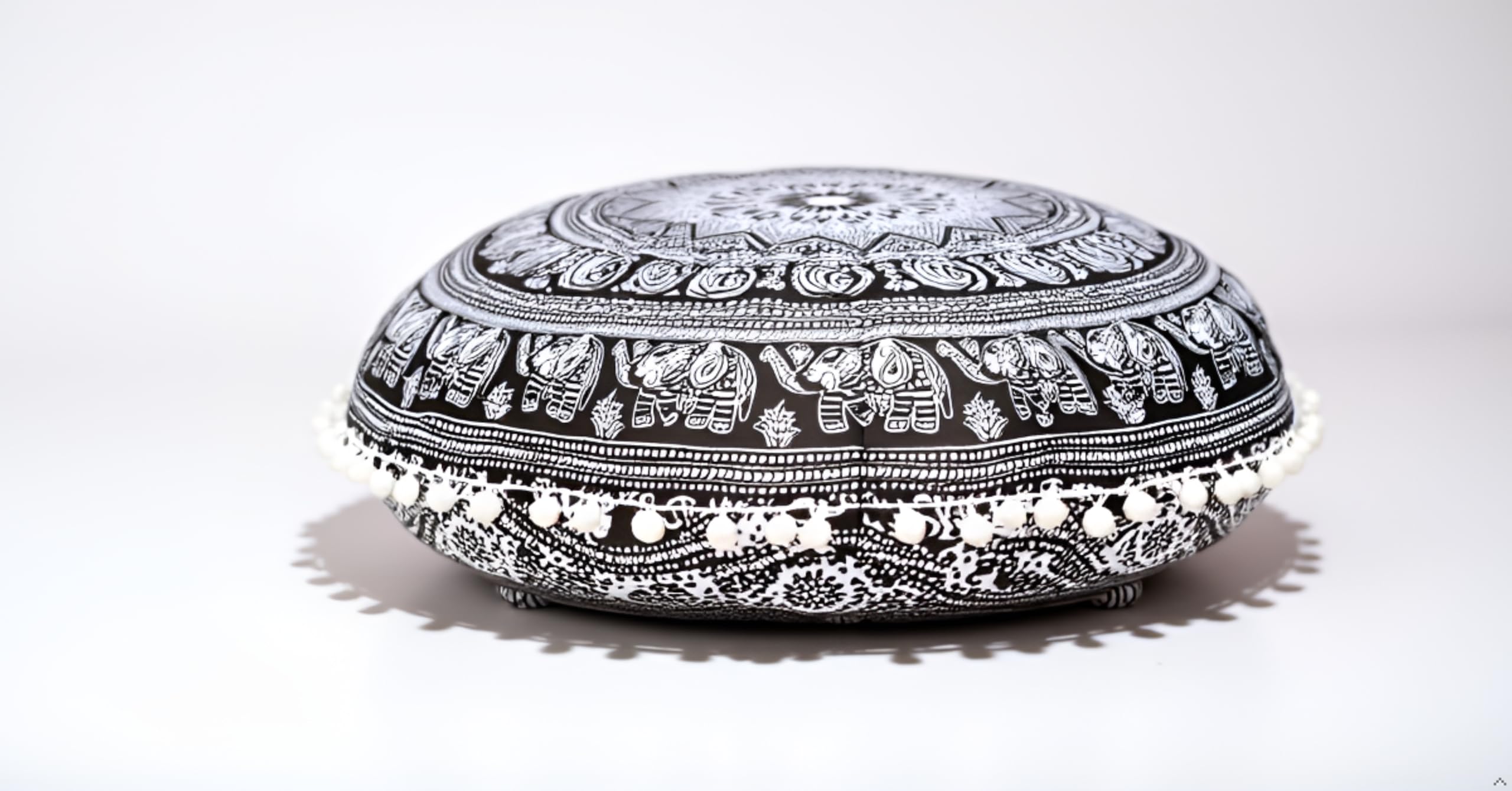 INDIAN CRAFT CASTLE Round Mandala Floor Pillow Cover Seating Cushion Throw Cover Hippie Decorative Bohemian Ottoman Pouf Cover, Pom Pom Pillow Cases ,Boho Indian 22 Inches (Black Elephant Flower)