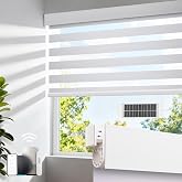 Toperblinds No Drill Electric Motorized Zebra Blinds, White 34.50"W x 72"H | No-drill quick install, 50%-75% blackout, solar panel included, Alexa &amp; Google voice control, with Remote