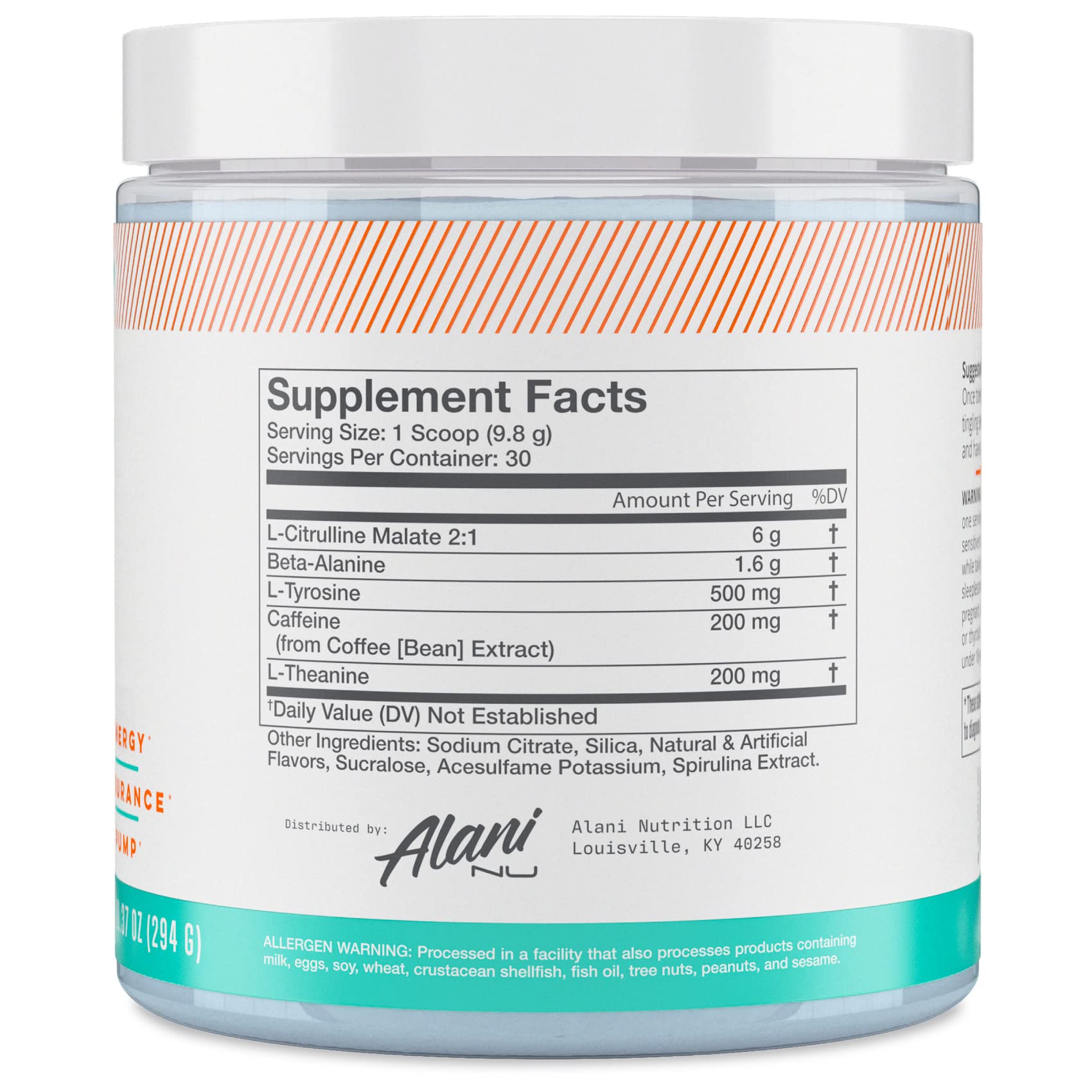 Alani Nu Pre Workout Powder Island Crush, Amino Energy Boost, Endurance Supplement, Sugar Free, 200mg Caffeine, L-Theanine, Beta-Alanine, L-Citrulline, 30 Servings