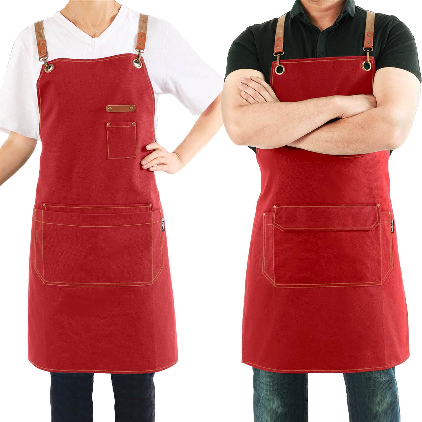 Magimate Canvas Apron with Pockets and Cross-back Straps for Chef Kitchen Cooking BBQ, Barista Bartender Barber Shop and Art Gardening Work Professional Aprons - Red