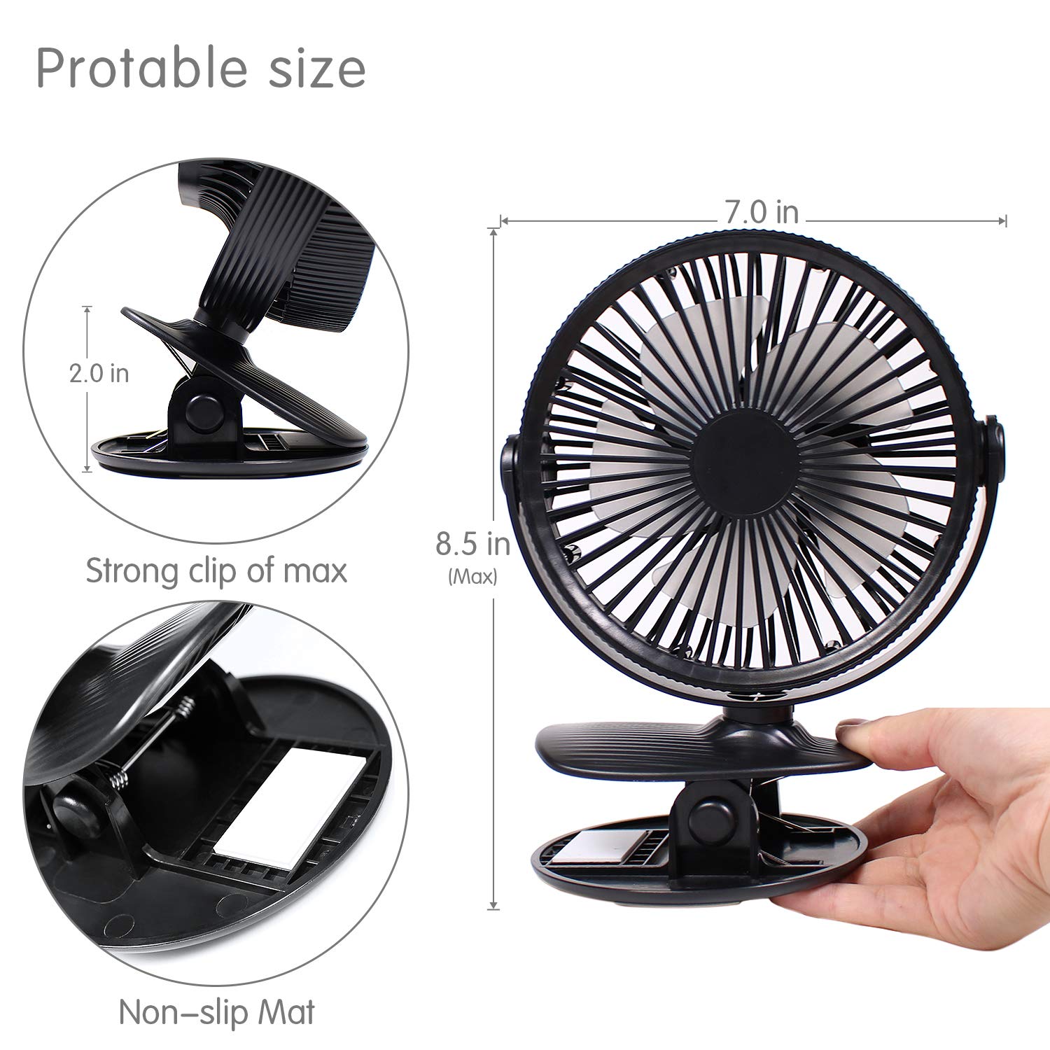LATITOP Clip Desk Fan Mini Desk Fan Portable Rechargeable Battery or USB, Small Personal Fan for Baby Stroller Car Laptop Table Camping Outdoors Home Office