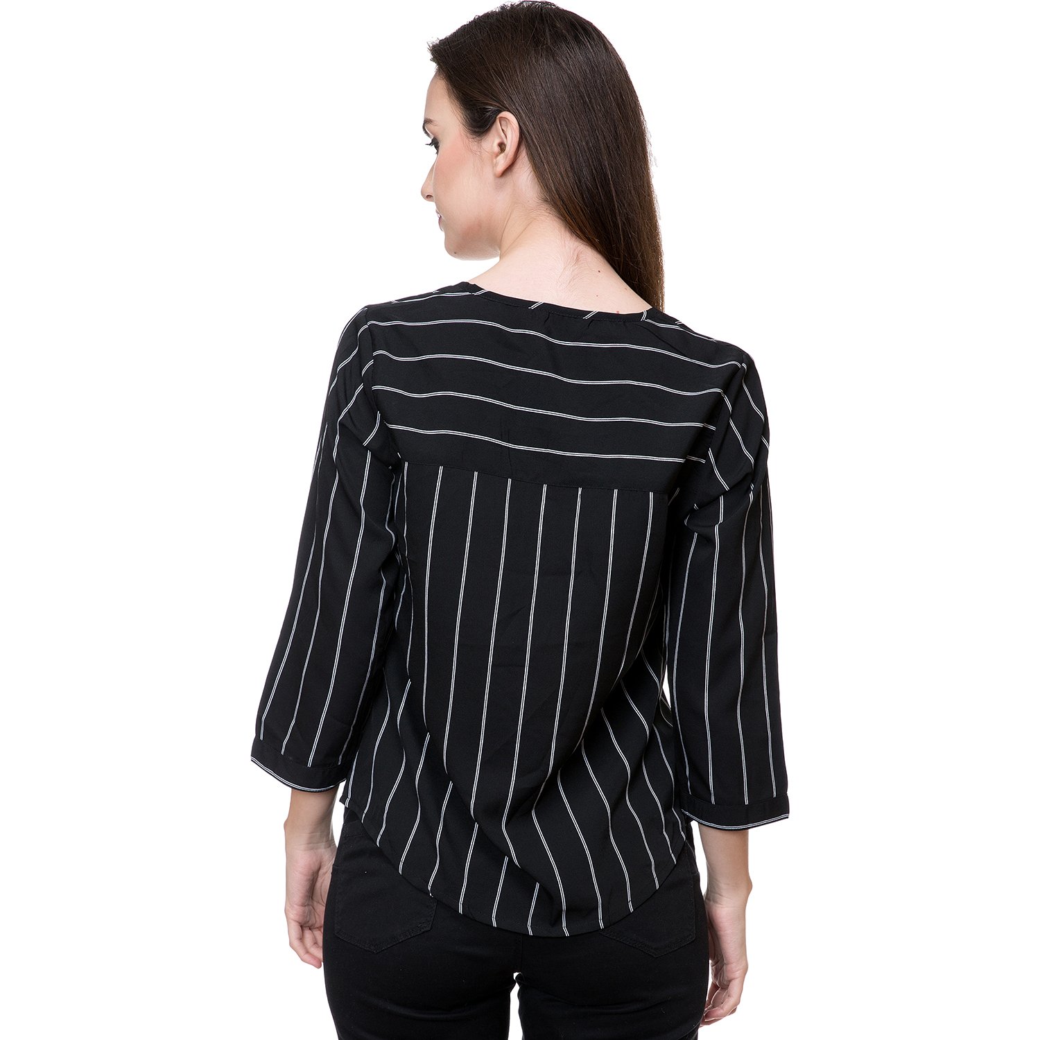 deewa black & white polycrepe round neck casual tops for women