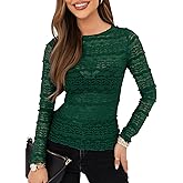 Essrite Womens Slim Fit Lace Mesh Top Crew Neck Long Sleeve See Through Shirt Blouses Tops Fall Outfits 2026