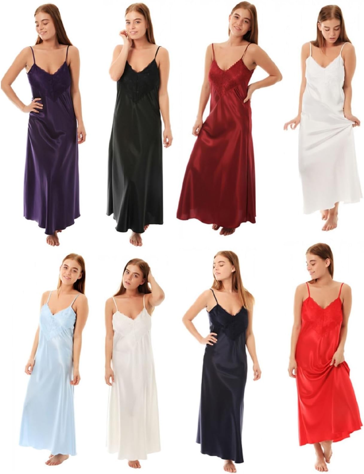 Womens Satin & Deep Lace Long Chemise Negligee Nightdress Nightie Size 10-28 N50