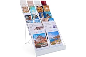Displays2go Wire Magazine Rack with 6 Open Tiers, Holds Both Magazines and Brochures, Includes Sign Channel at the Front - White Wire