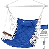 ROOITY Hammock Chair Hanging Swing with Wooden Armrests;Steel Spreader Bar,Pillows,Hardware kit Included;Cotton Woven ;Up to 350 Lbs,for Indoor Outdoor Blue