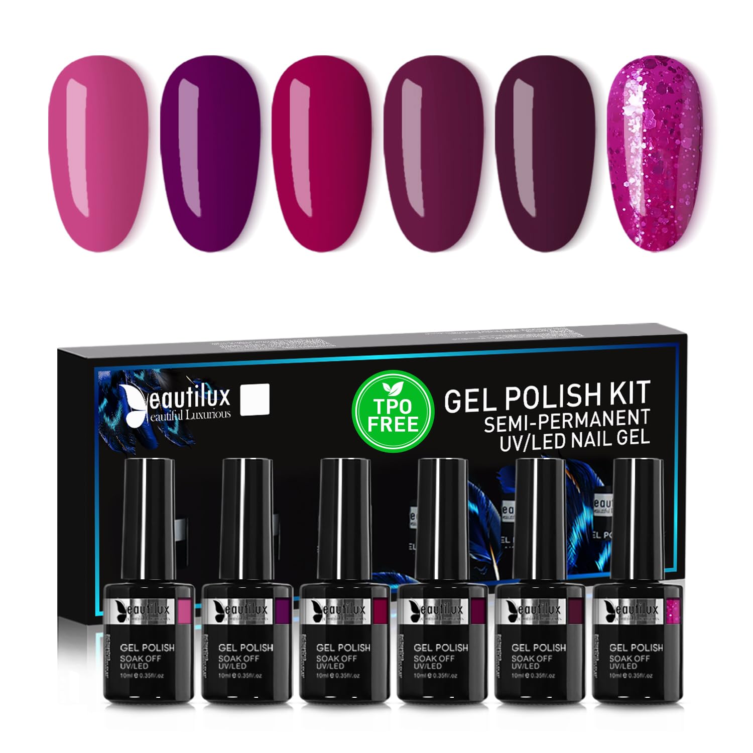 Beautilux HEMA&TPO Free Gel Polish 6x10ml -European Standard- Long-Lasting Formula, Tight Color, Easy Apply, Salon-Grade Shine for Up to 21 Days, 6-Pack for Professional & DIY at Home, Gift for Her