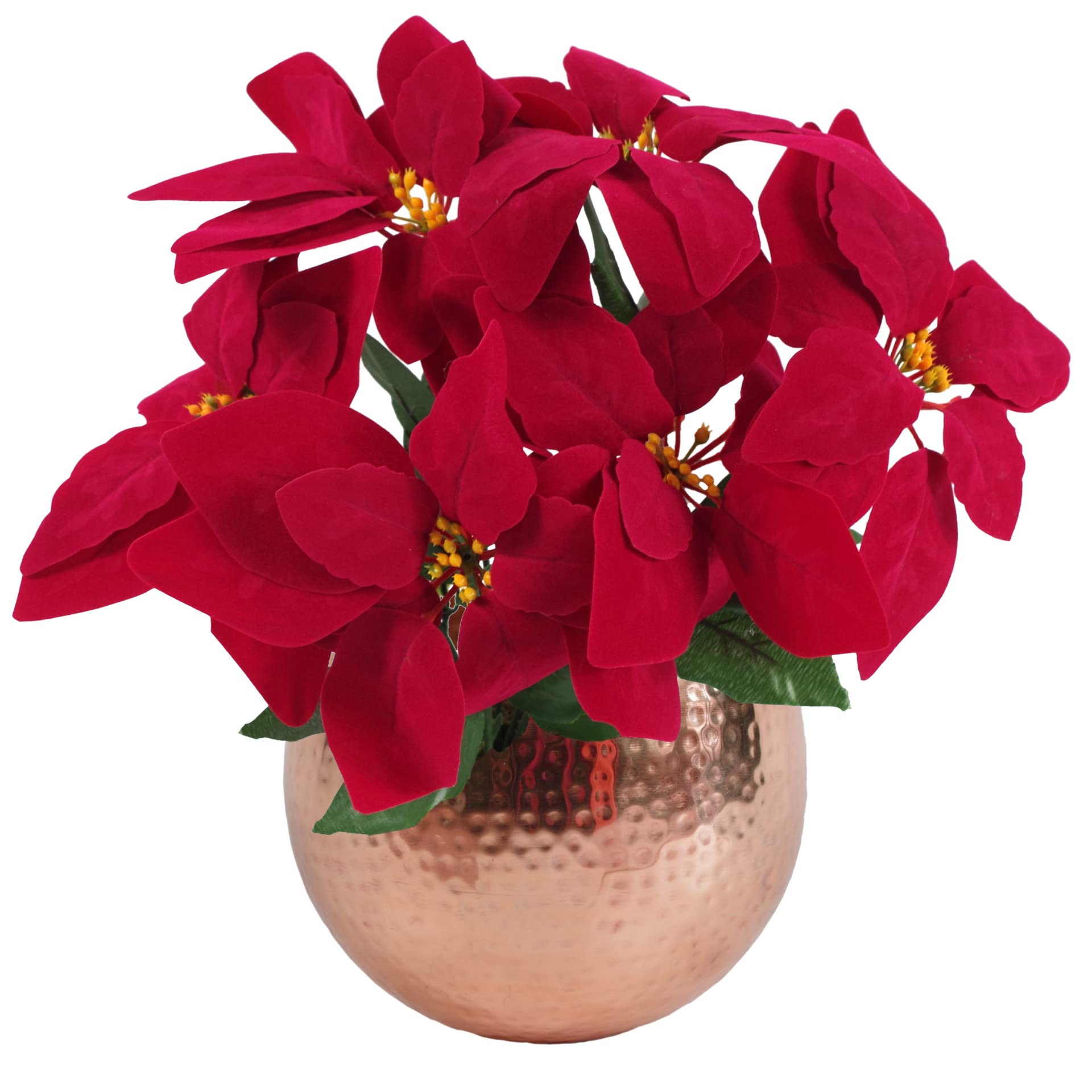Leaf Artificial Christmas Xmas Red Poinsettia 40cm Houseplant in Pot, Silk, Copper Curved Edge