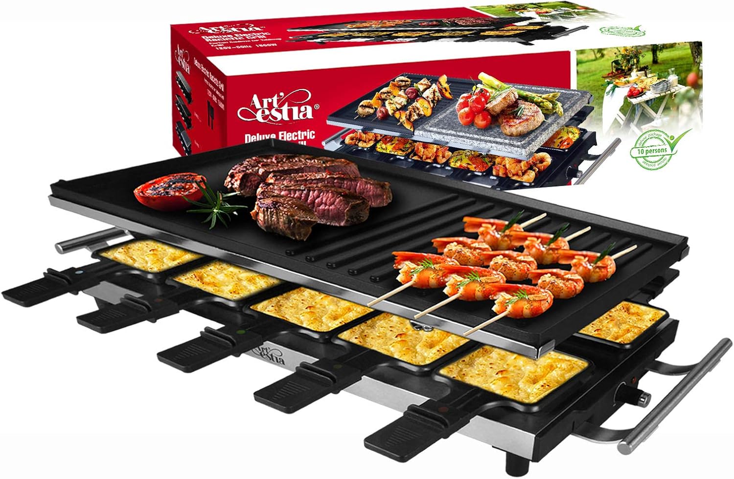 Artestia 10 Person Large Stainless Steel Electric Raclette with Full
