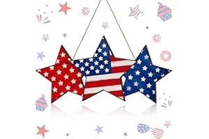 Anglechic 4th of July Hanging Door Sign Wooden Independence Day Decorations Stripes Welcome Patriotic Door Hanger American Rustic Wooden Plaque for Wall Front Porch Outdoor Farmhouse (Pentagram Style)