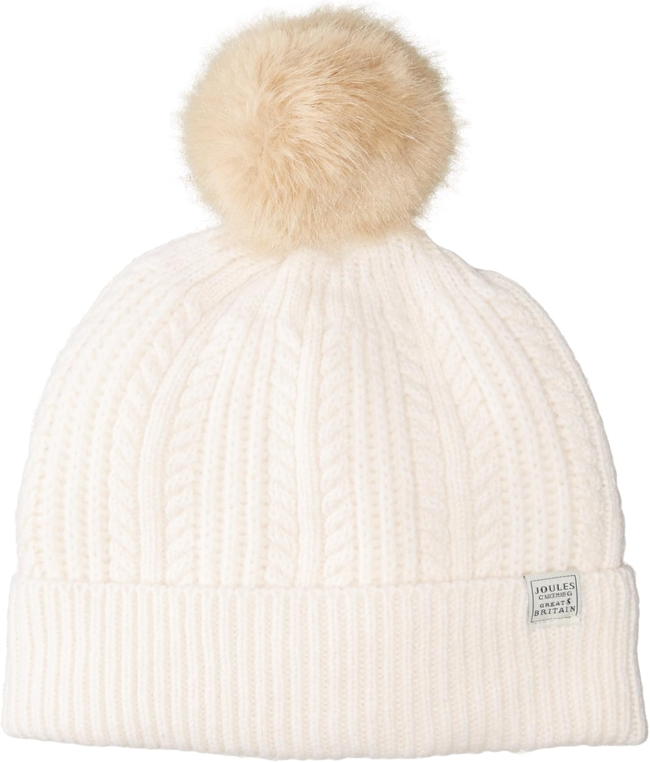 Joules Women's Bobble Cable Knit Hat with Faux Fur Pom, Cream, One Size at Amazon Women’s