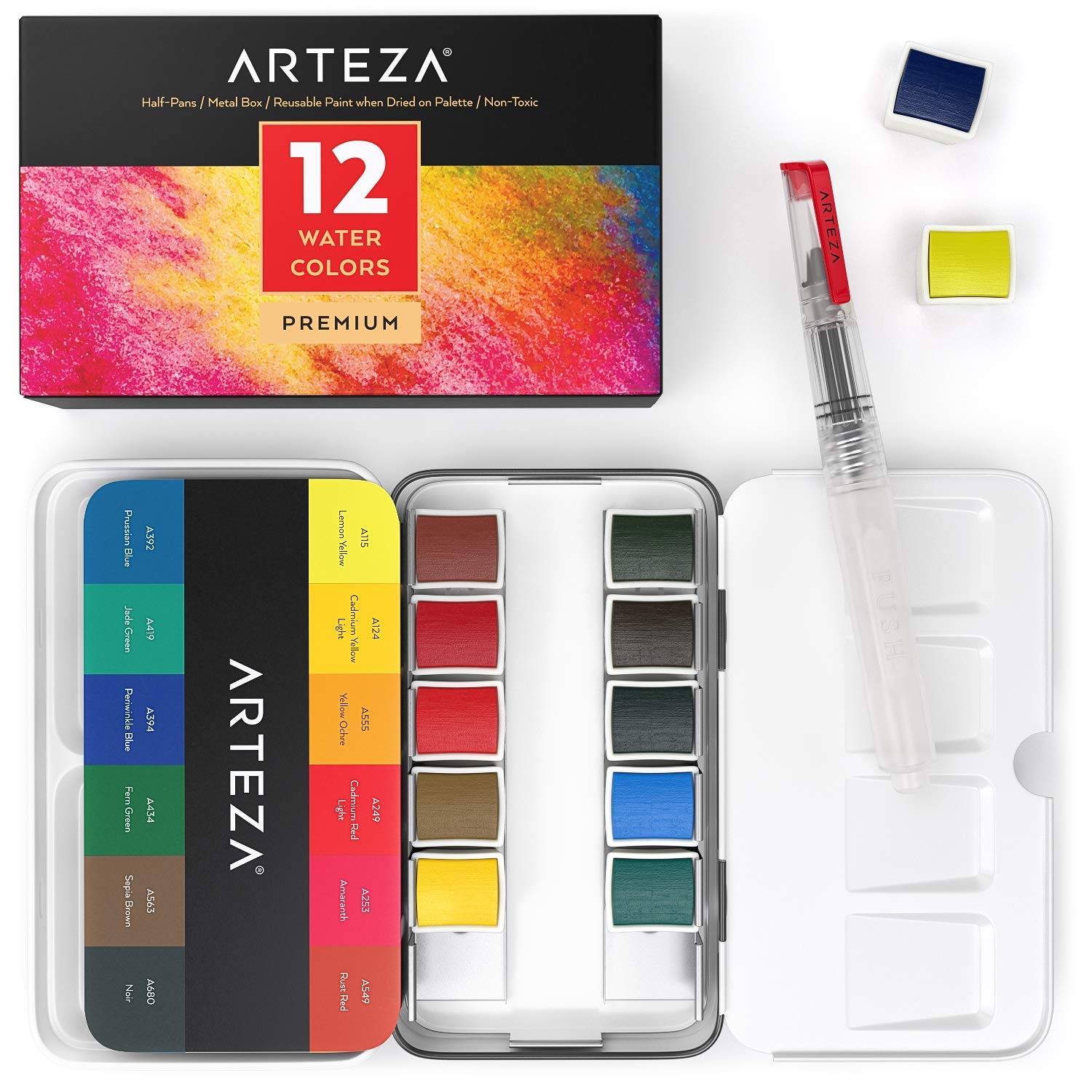 ARTEZA Watercolor Paint, Set of 36 Assorted Vibrant Colors in Half Pans