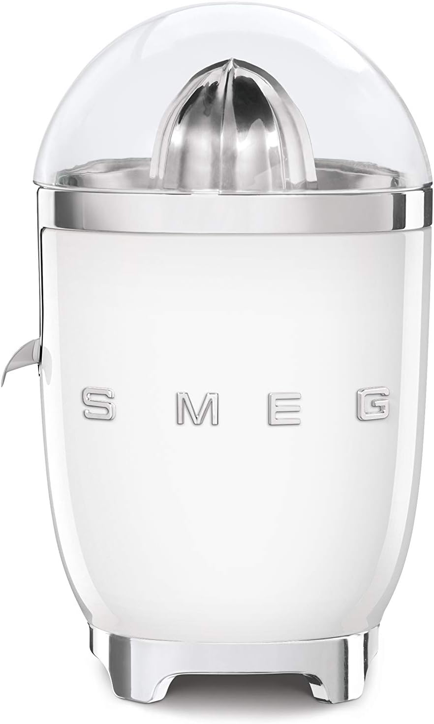 Smeg CJF01WHUK Retro 50's Style Citrus Juicer with Lid, Stainless Steel Reamer and Strainer, Anti-Drip Spout, White