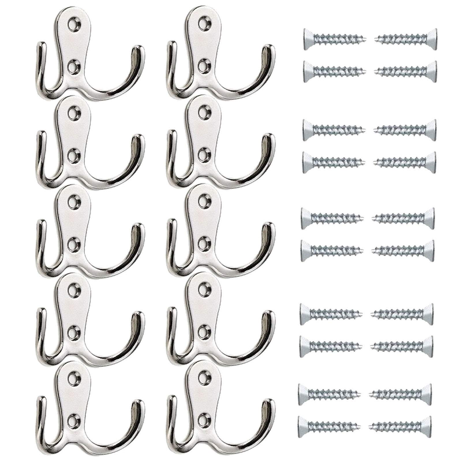 Beilala 10 Pack Coat Hooks Door Wall, Double Robe Hooks Chrome Metal Clothes Hangers for Bedroom Bathroom Kitchen Office Closets (Silver)