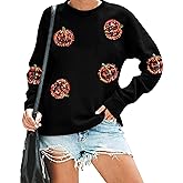 VILOVE Halloween Pumpkin Sequin Sweatshirt Women: Pumpkin Face Long Sleeve Tops Fall Hoodie Party Pullover