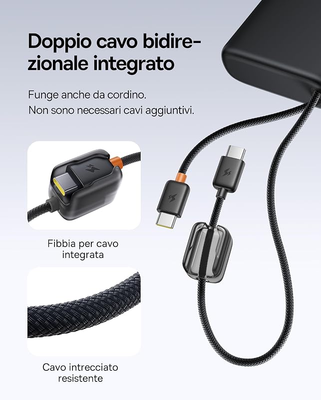 FC41 145W Powerbank per Laptop Certificato CCC, Ricarica Rapida PD3.1, 25000mAh Power Bank con 2 Cavi USB-C Integrati, Batteria Esterna per MacBook Pro, iPhone, iPad, Samsung, Nero