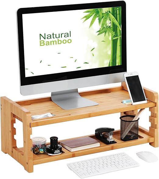 SONGMICS Elevador de Monitor de Bambú, Soporte de Pantalla, Organizador