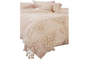 Flber Tufted Tassel Duvet Cover Lattice Boho Bedding,Full Queen, 86inx90in