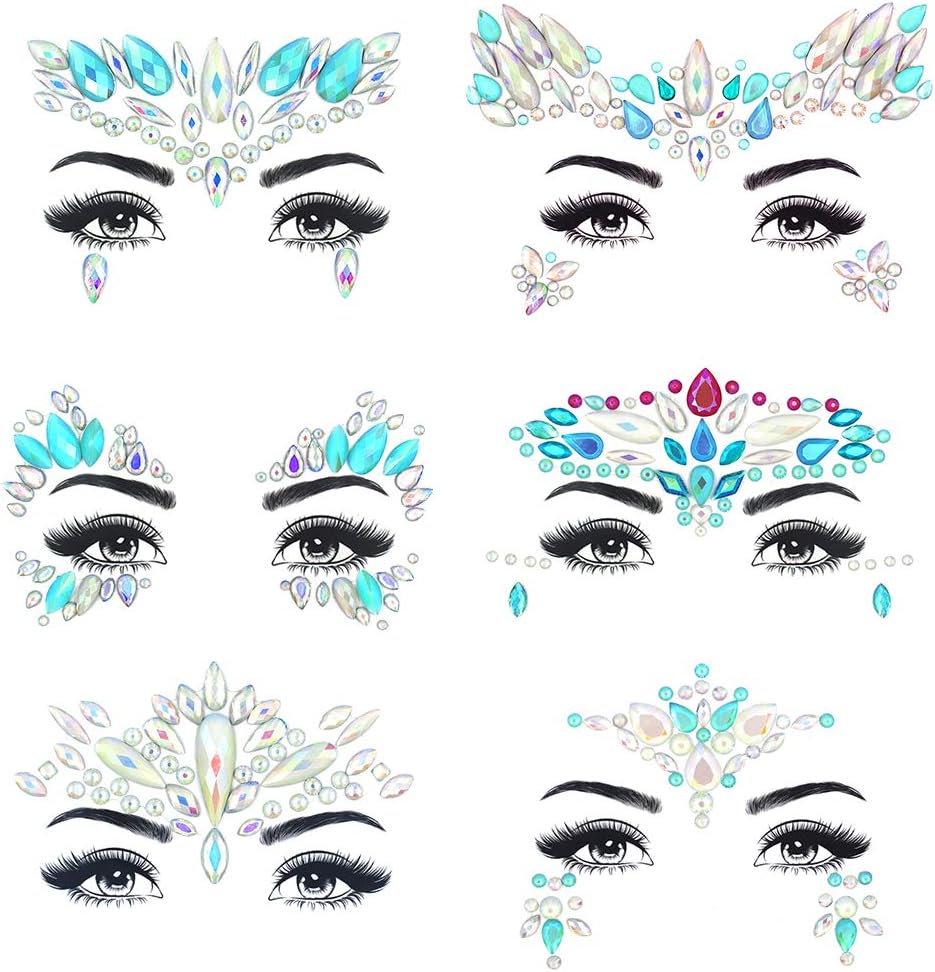 Noctilucent Face Gems Luminous Temporary Tattoo Stickers Acrylic Crystal Glitter Stickers Waterproof Face Jewels Rainbow Tears Rhinestone for Party, Rave Festival, Dress-up of ZLXIN(6 Pcs A Set)