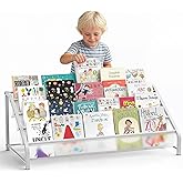 HAVEDAWN 4-Tier Toddler Bookshelf & Organizer - Sturdy Metal Book Rack for Kids Room - Montessori Front-Facing Display Stand, High-Capacity Transparent Storage for Nursery & Playroom, 32 Inch