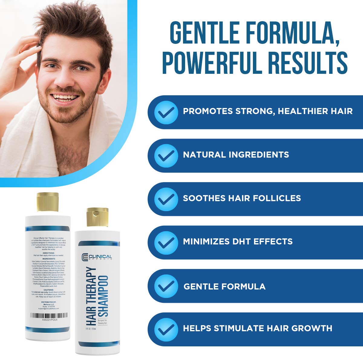 Clinical Effects: Hair Therapy Shampoo – Hair Growth Shampoo – 8 Fl Oz – All Natural, DHT Blocking Ingredients with Biotin, AnaGain and Baicapil - Hair Care and Hair Loss Solution for Men and Women: Beauty