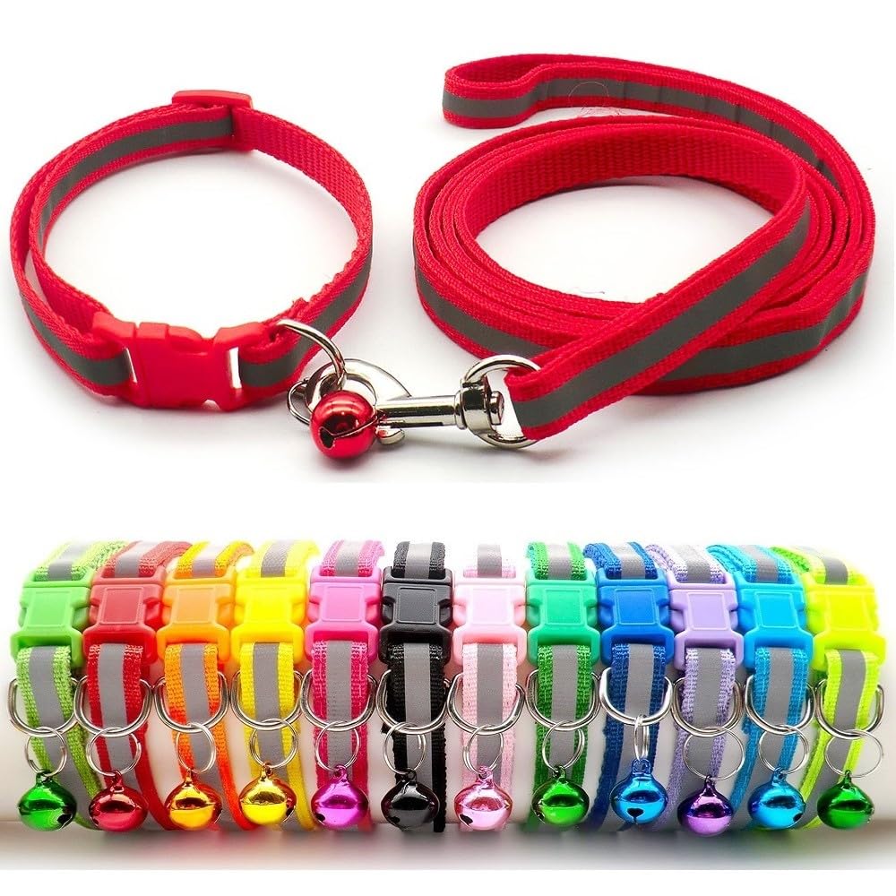 Small Dog Puppy Pet Collar and Lead Set Reflective Hi-Vis Strip Nylon Adjustable Size 19-32cm Collar with Bell and 120cm Leash Red