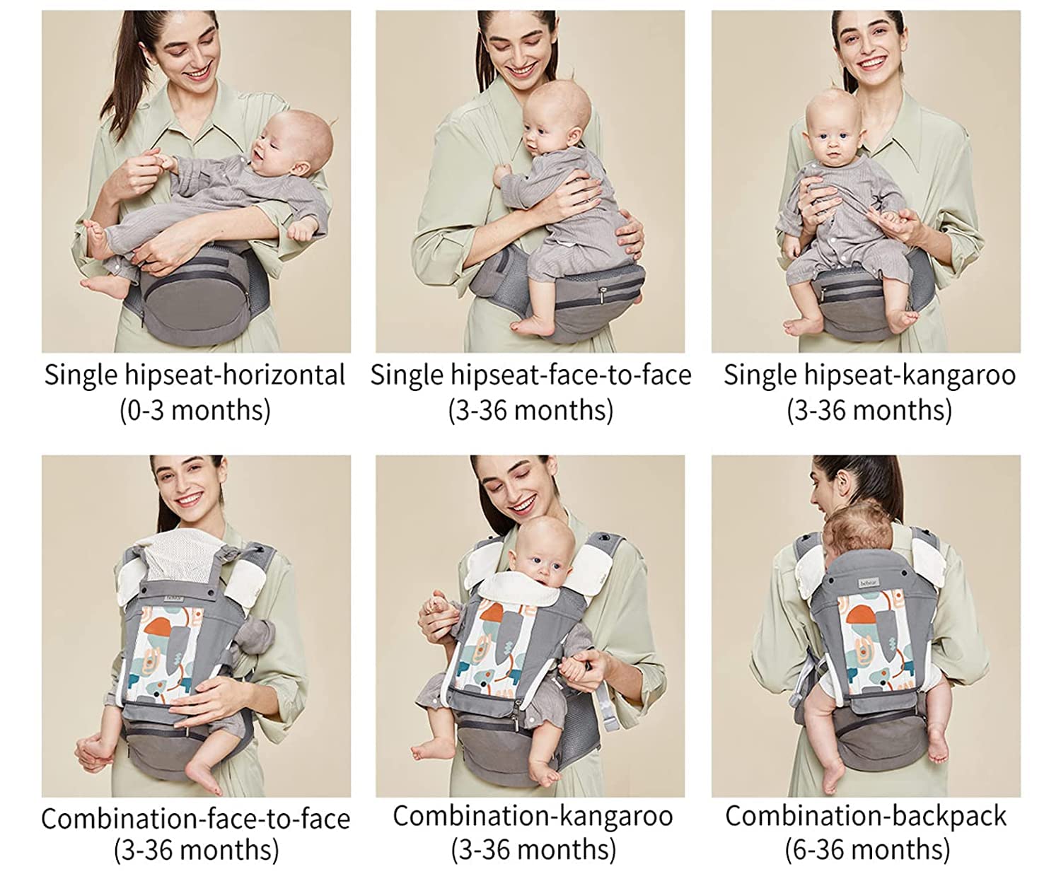 Bebamour Baby Carrier Newborn to Toddler-Baby Hip Carrier Front and Back Carry with Head Hood & 3 Pieces Teething Pads& Waist Extenders & Storage Bag (Grey)