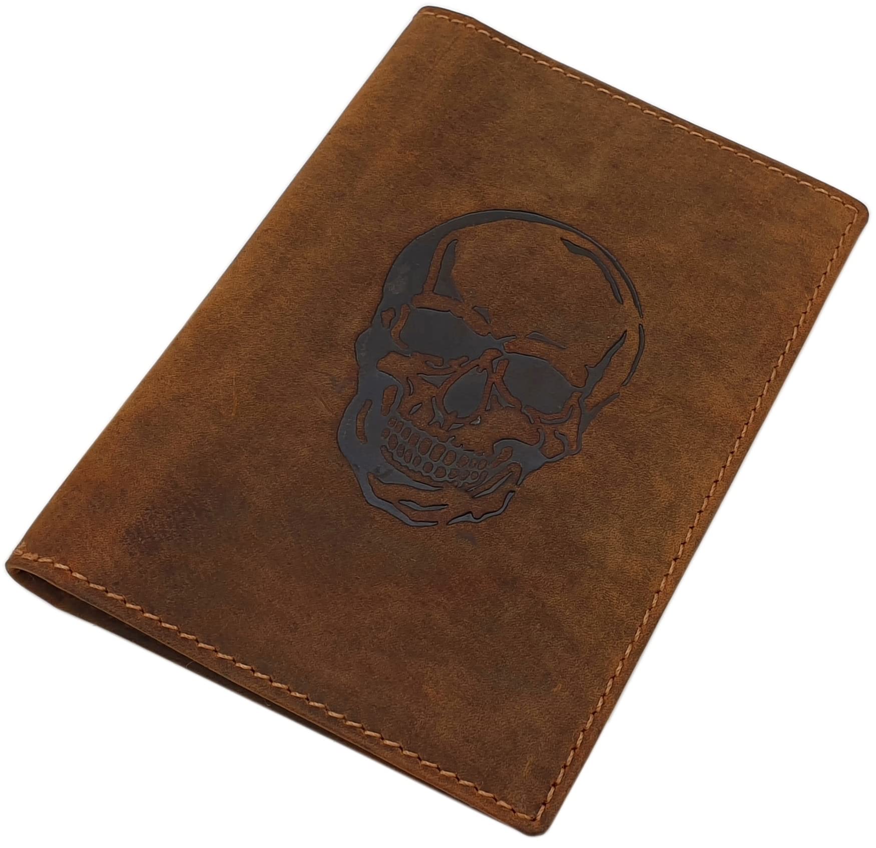 Buffalo Full Leather ID Card Holder with Deer, Boar, Skull Motif or without Motif for Vehicle Registration, Severely Disabled ID, Gun Licence, Hunting Licence etc., Skull motif, Einheitsgröße, Modern