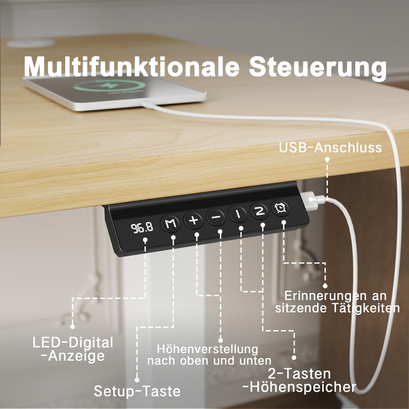 Flamaker Höhenverstellbarer Schreibtisch Ganze Tischplatte 140 x 60 cm Elektrischer Schreibtisch Höhenverstellbar für Steh-Sitz, Computertisch mit Memory-Funktion,Standing Desk,Beige 5