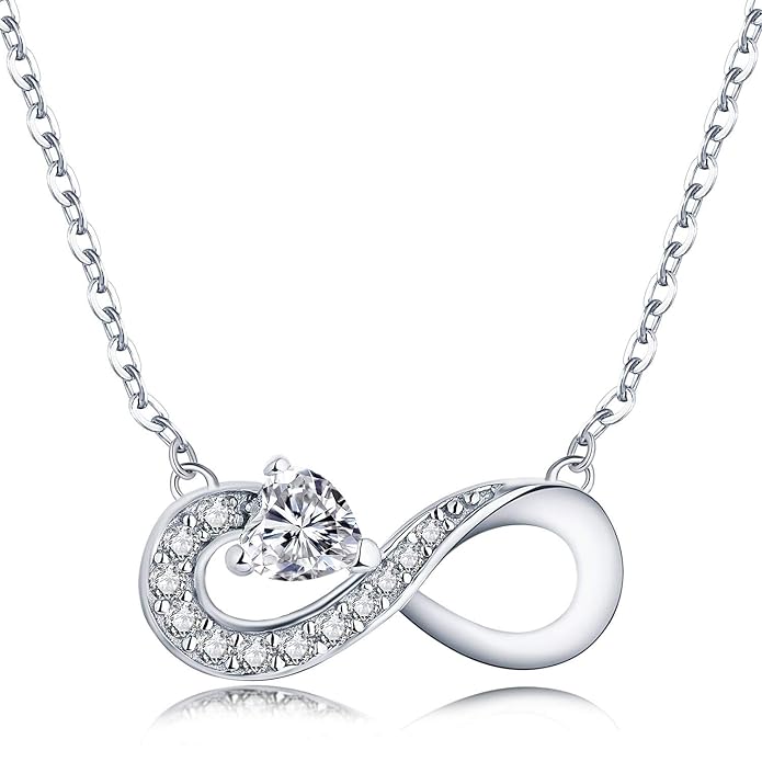 JO WISDOM Kette Damen Silber 925 3A Zirkonia Unendlichkeitszeichen Anhänger mit 4 * 4mm Herz Geburtsstein