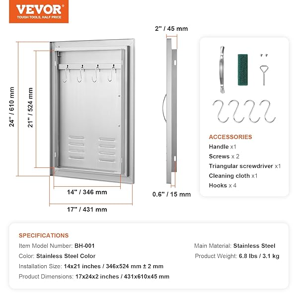 VEVOR BBQ ACCESS DOOR, 17W X 24H INCH SINGLE OUTDOOR KITCHEN DOOR, STAINLESS STEEL FLUSH MOUNT DOOR, WALL VERTICAL DOOR WITH HANDLE, VENTS AND HOOK, FOR BBQ ISLAND, GRILLING STATION, OUTSIDE CABINET