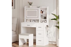Viaozutis Vanity Desk with a Mirror and Lights，with Chair and Four Drawers, Three Adjustable Lighting Modes，with Power Outlet and Sliding LED Mirror,Bedroom Vanity Desk (White)